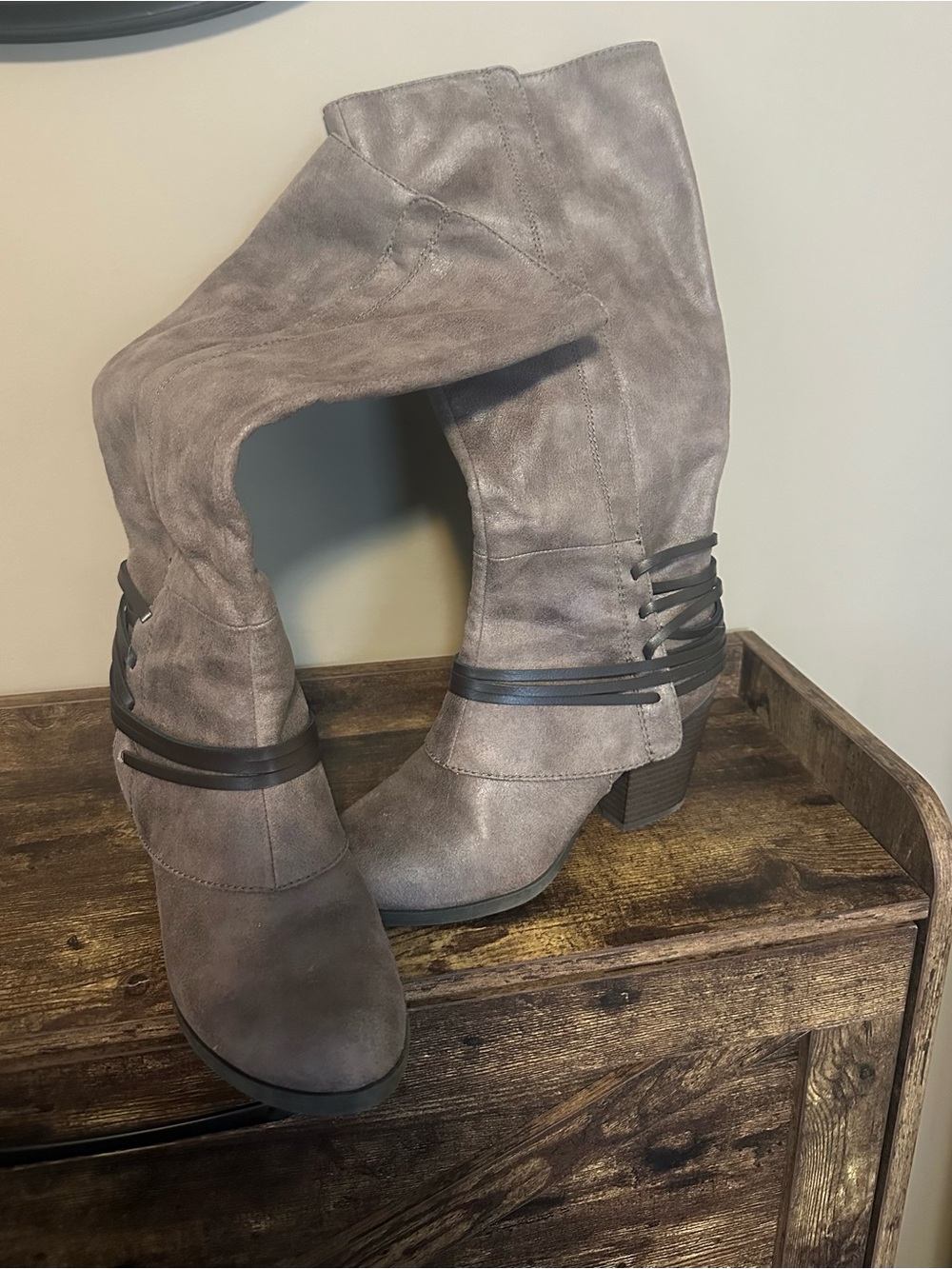 Women's Taupe Mid-Calf Suede Boots with Strap Detail